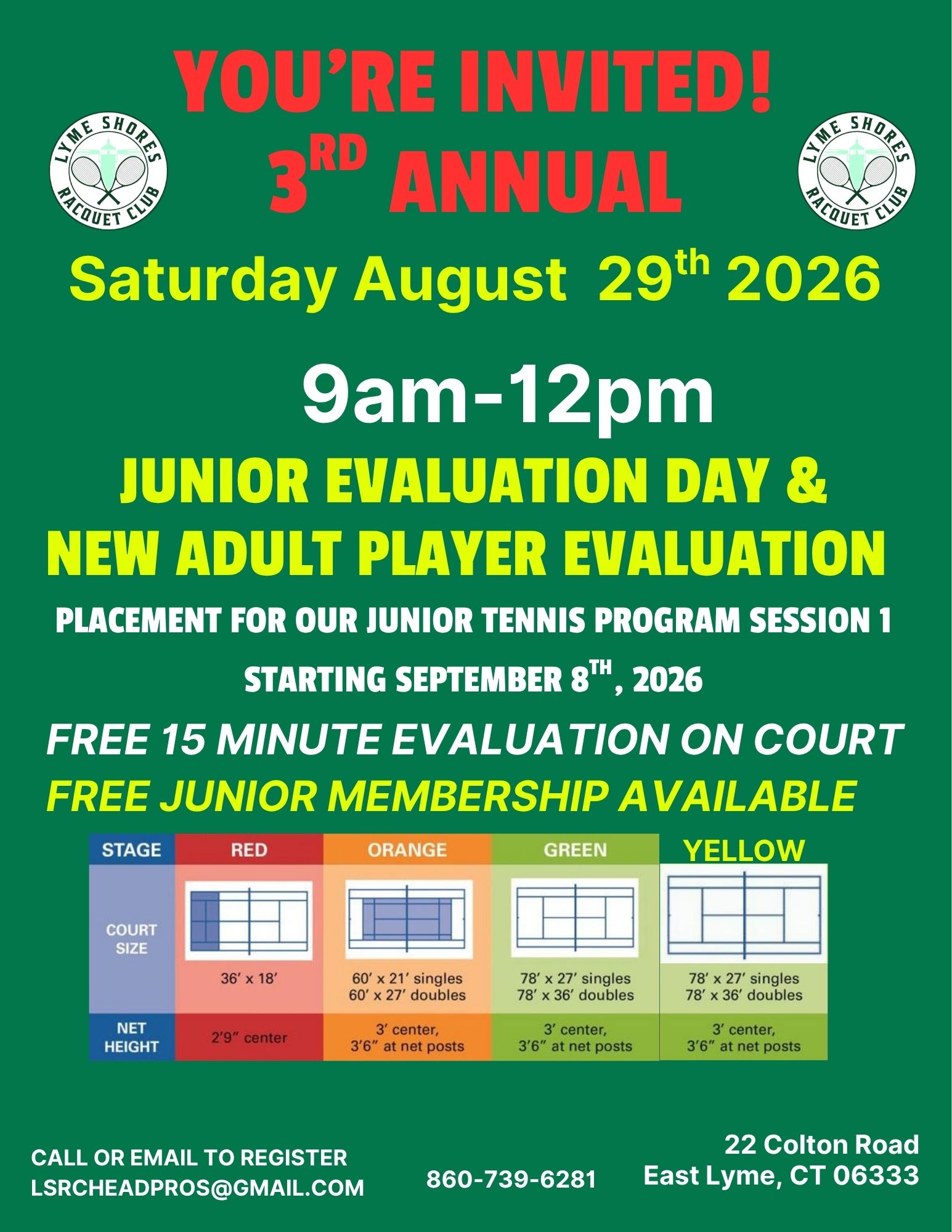 Junior evaluation Day New Adult player evaluation Placement for our Junior tennis program starting September 14th, 2026 Junior evaluation Day New Adult player evaluation Placement for our Junior tennis program starting September 14th, 2026